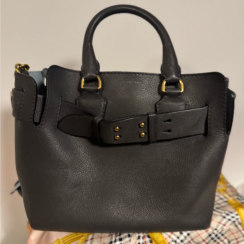 Dark Grey Burberry Leather Belt Bag with Blue Accent